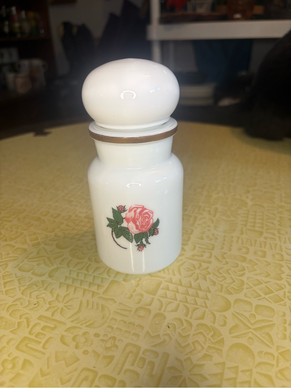 Vintage White Milk Glass Vanity Jar with Pink Rose Motif